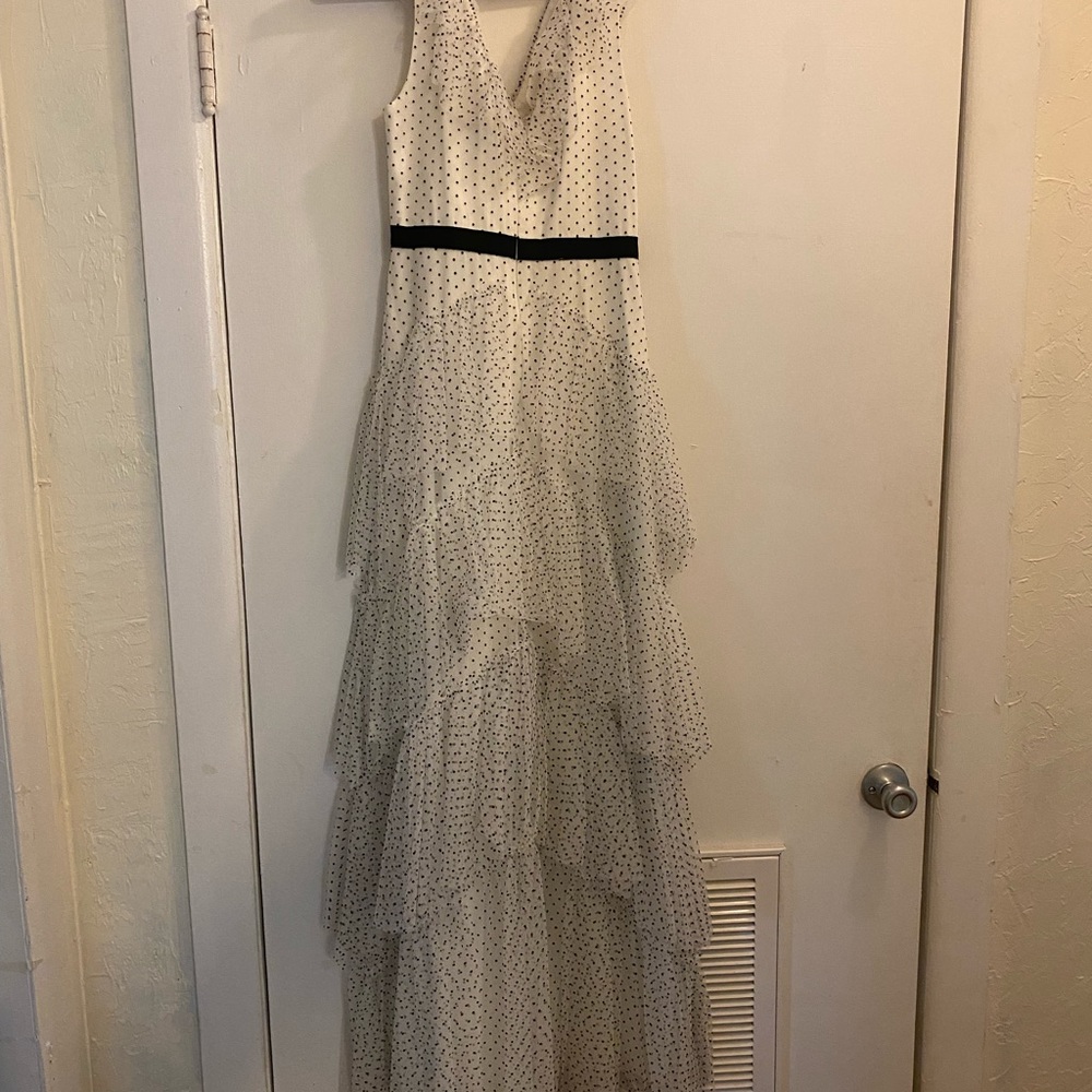 Tiered white with black polka dot chiffon dress.